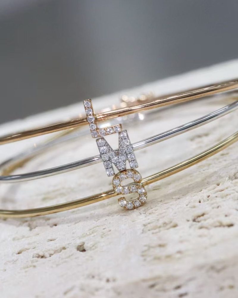 18K Gold Natural Diamond Initial Bangle
