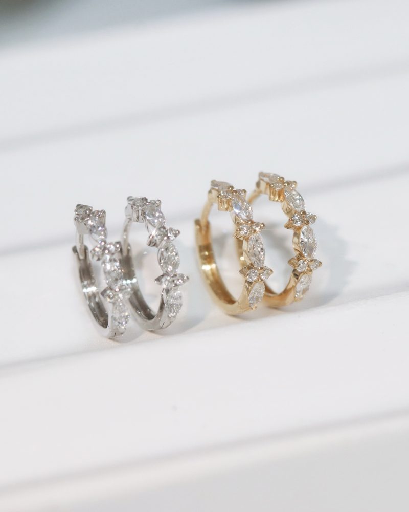 18K Gold Natural Marquise & Round Diamond Hoop Earrings - 8mm