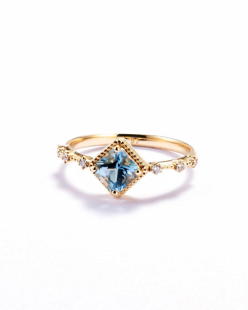 Princess Cut Aquamarine Beaded Diamond Ring