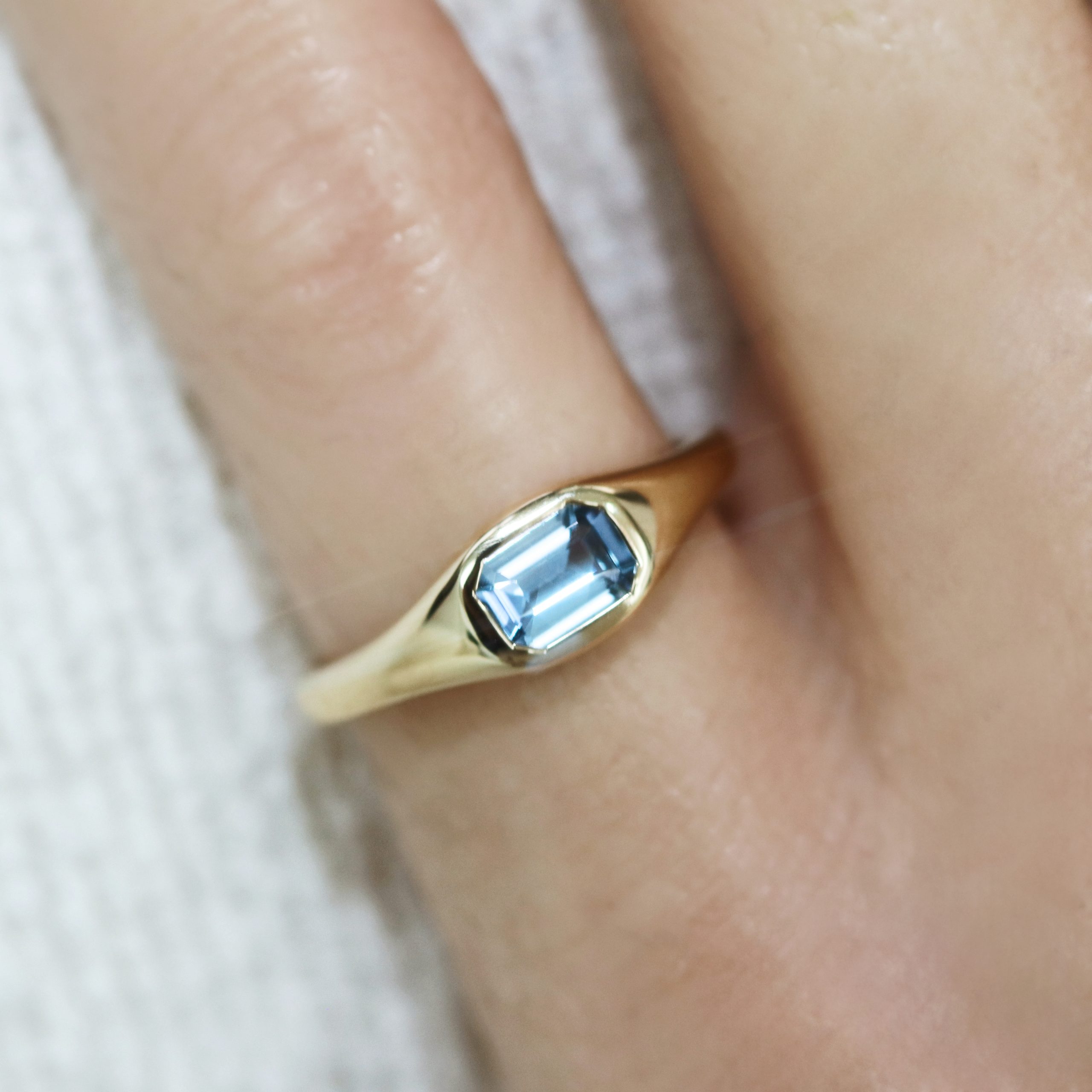 Emerald Cut Aquamarine Bezel Signet Pinky Ring - Image 4