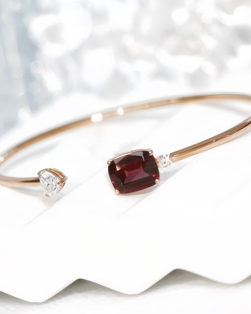 Garnet & Heart Shape Diamond Open Bangle